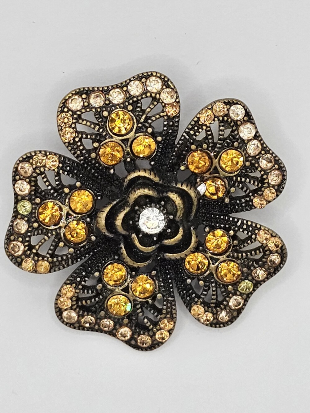 Vintage Unsigned Brushed Bronze Tone Amber Rhinestone Flower Brooch